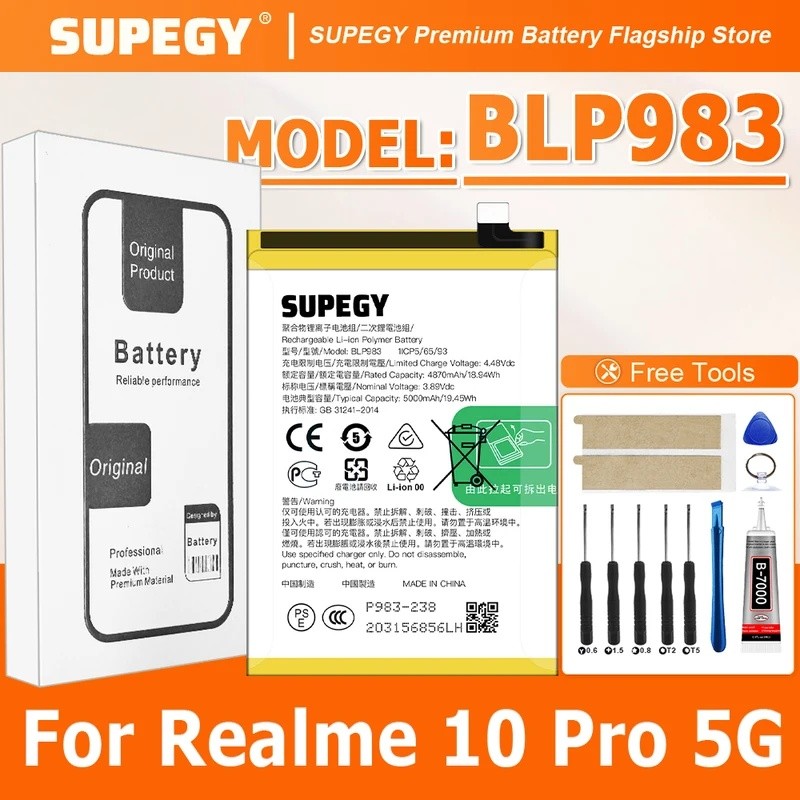 100% แบตเตอรี่ใหม่ BLP983 สําหรับ OPPO Realme 10 Pro แบตเตอรี่ + เครื่องมือฟรี