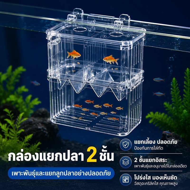 กล่องแยกปลา กล่องคลอดปลา กล่องกักกันปลา อะครีลิกใส 2 ช่อง 2 ขนาด สำหรับตู้ปลา