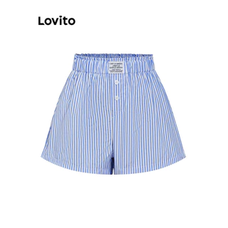 Lovito กางเกงขาสั้นผู้หญิง ลายทาง มีกระดุม เบสิก สไตล์แคชชวล L105MD129