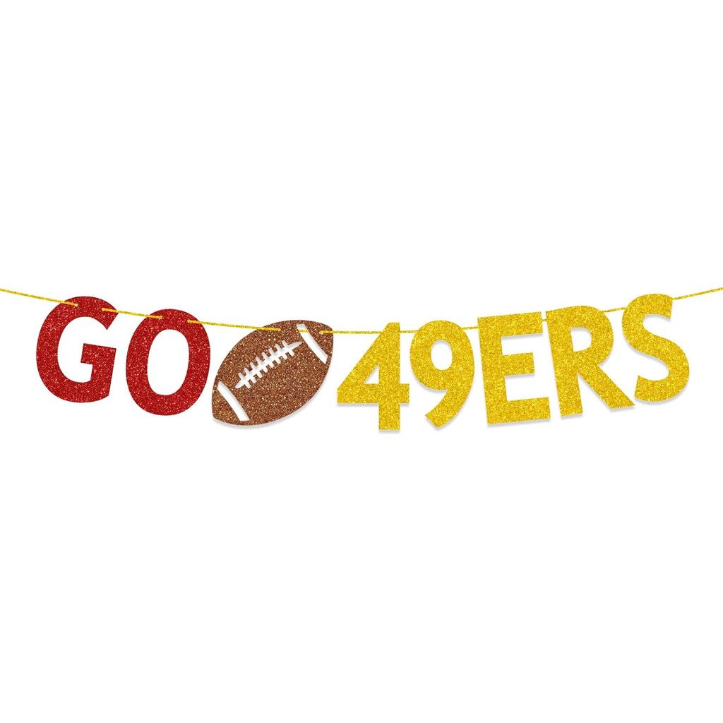 Go 49ers แบนเนอร์, ตกแต่งวันเกมฟุตบอล, เครื่องประดับปาร์ตี้ฟุตบอล 49ers Red Gold Glitter