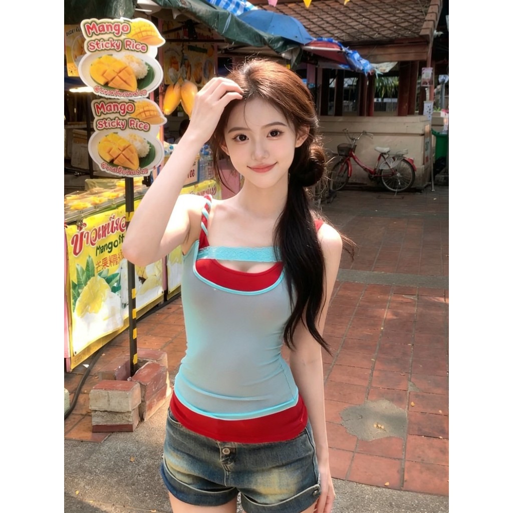 6260#带胸垫 F ปลอมสองชิ้นเย็บ Contrast สี Camisole ผู้หญิงฤดูร้อนโครเชต์ Slimmer ดูแขนสั้นเสื้อแขนกุด