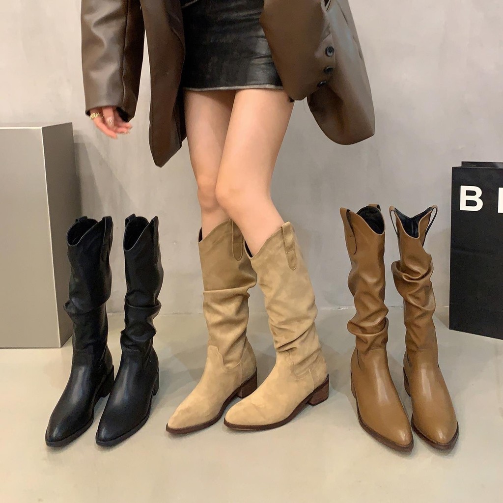2025 สไตล์ใหม่สีกากีความสูง Slimmer ดูจีบ Stacked ยาวหลอด Knight รองเท้า Plus กํามะหยี่ฤดูหนาว Mar