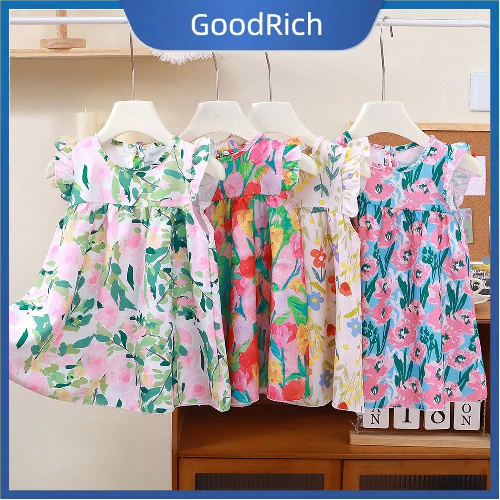 【สินค้าพร้อมส่ง】 เดรสเด็กผู้หญิง ลายดอกไม้ แขนกุด เดรสพิมพ์ลายดอกไม้ แขนพอง สำหรับเด็กผู้หญิง 【GoodRich】