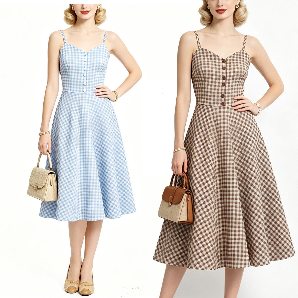 Baju Prom~วินเทจ 80s & 90s Hepburn ชุดลายสก๊อต Halter Backless Elegant Swing Dress