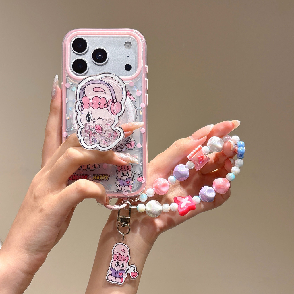 เคส IMD สีชมพูแม่เหล็กพร้อมสายคล้องและขาตั้ง | Easle Bunny Print, กันกระแทกสําหรับ iPhone14/15Pro/16Pro/17Pro/17ProMax