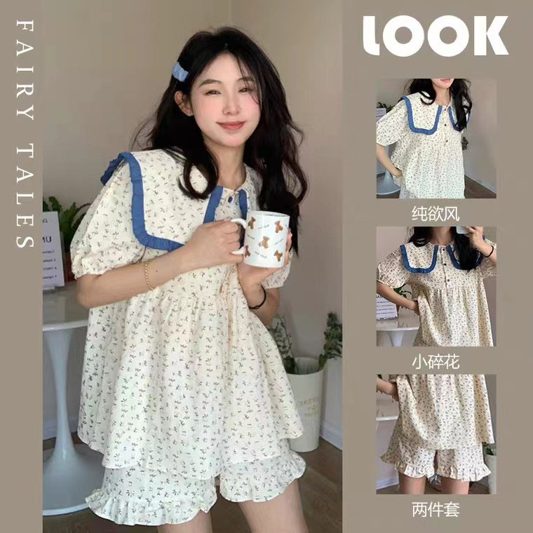 ตุ๊กตาคอ Pure Desire ชุดนอนผู้หญิงหลวมน่ารักดอกไม้เล็กๆแขนสั้นผ้าไหมนมไขมัน MM Live ชุด 2026.7.30
