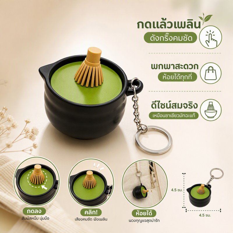 พวงกุญแจ คลิกเกอร์กดคลายเครียด 3D Print แพนเค้กมัทฉะ มีเสียงคลิก พกพา ห้อยกระเป๋า