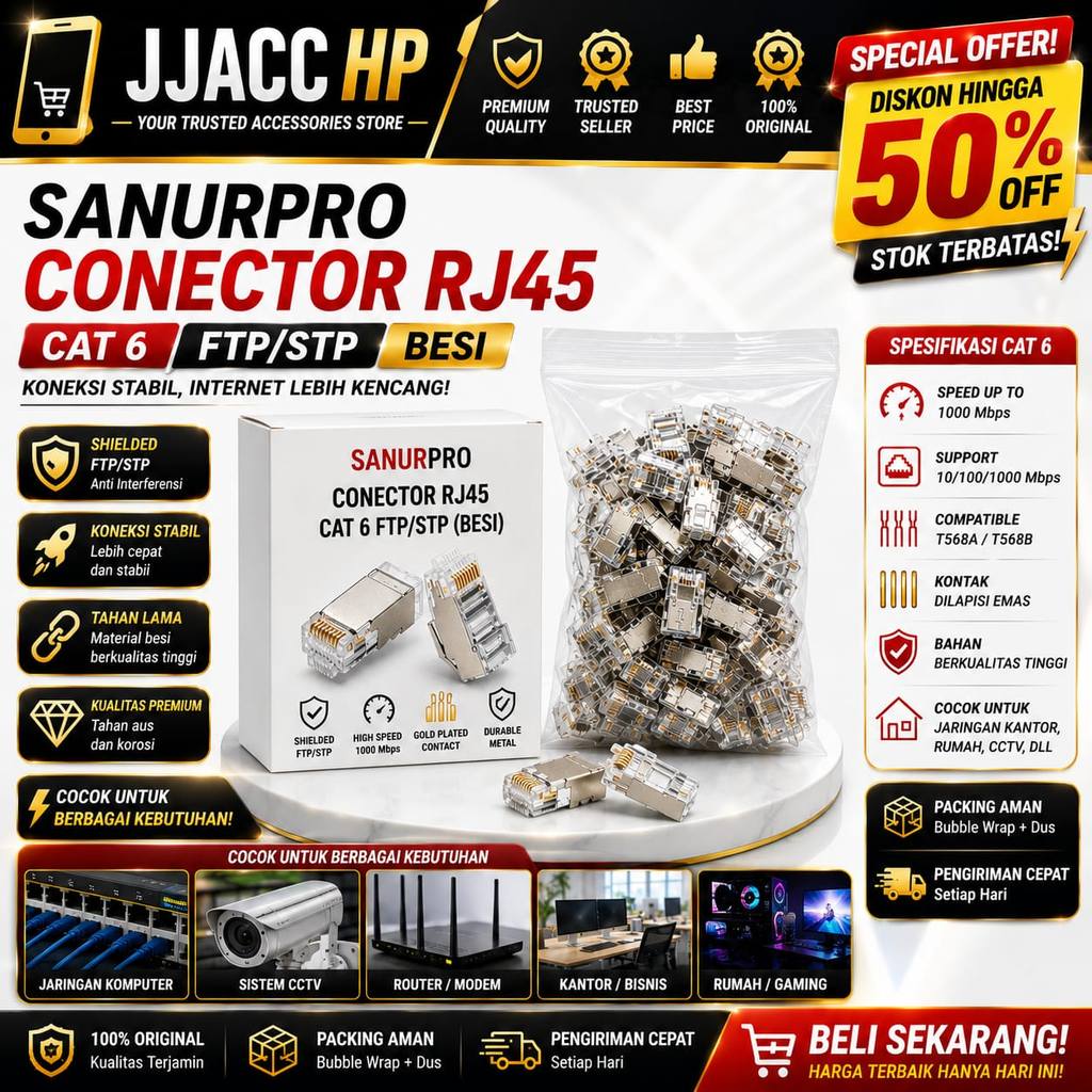 RJ45 CAT6 FTP STP Sanurpro เนื้อหาเหล็ก 50 ชิ้น RJ45 Shielded LAN Ethernet Plug ชุบทอง T568A T568B ส