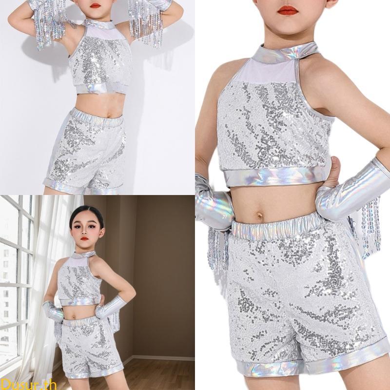 Dusur Kids Dance Outfit เสื้อผ้าเต้นรําเด็กผู้หญิงระยิบระยับแขนกุดและกางเกงขาสั้น