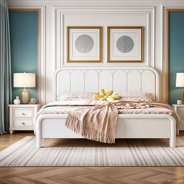 เตียงคู่ 1.5 B & B 1.8m Master แนวนอนสีขาว Nordic ครีมเตียงงานแต่งงาน Beige สไตล์เตียงไม้เนื้อแข็ง A