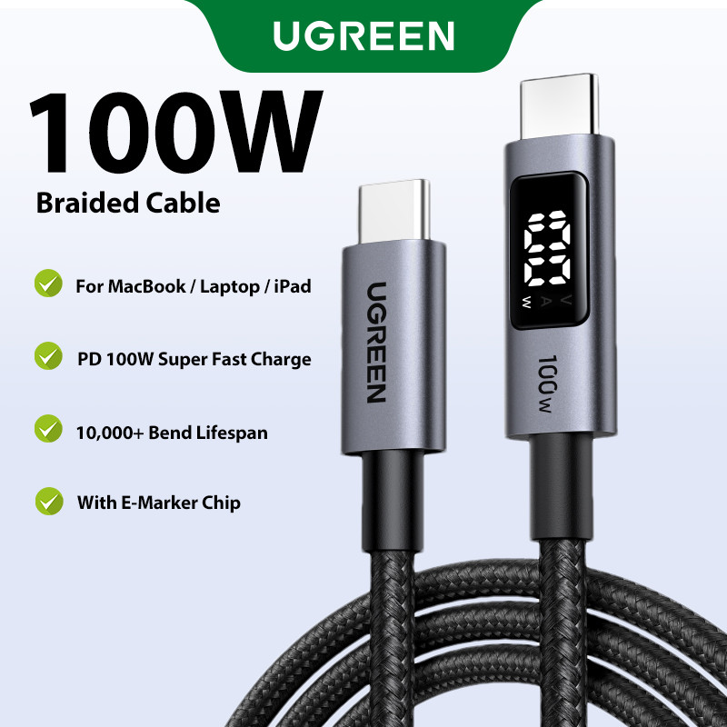 UGREEN 100W Type C ชาร์จ Smart Digital Display Cable E-Marker สายชาร์จสําหรับแท็บเล็ตโทรศัพท์และแล็ป