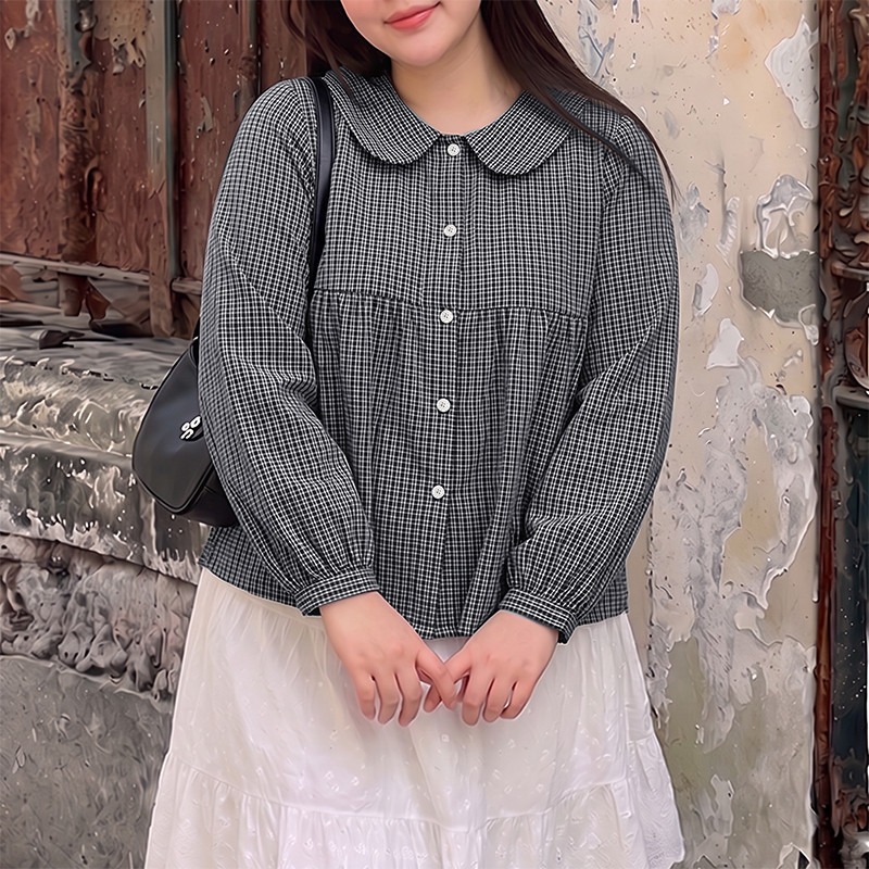 Vonda ผู้หญิงเกาหลีขนาดบวกอเนกประสงค์ลายสก๊อต Peter Pan Collar เสื้อเชิ้ตแขนยาวหลวม — صورة 4