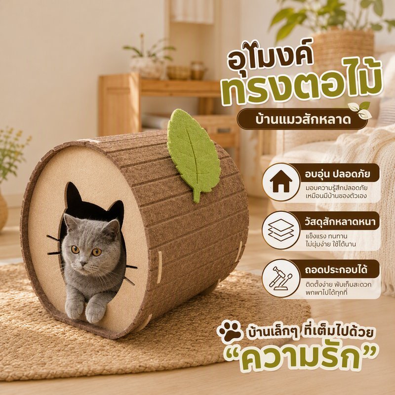 บ้านแมวสักหลาด อุโมงค์แมว ทรงตอไม้ ที่นอนแมว ถอดประกอบได้ ระบายอากาศ ขูดเล็บ