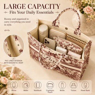 กระเป๋าโท้ทผ้าแคนวาส พรีเมียม Luxury French Toile de Jouy Aesthetic Tote Bag Women