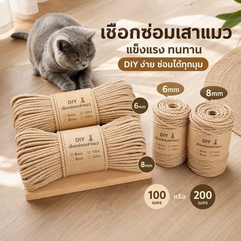 เชือกป่านศรนารายณ์ สำหรับพันเสาลับเล็บแมว ซ่อมคอนโดแมว งาน Diy ยาว 100m 200m 6mm 8mm