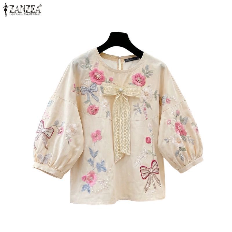 ZANZEA ซานเซีย ผู้หญิงเกาหลีลําลองดอกไม้พิมพ์ โอ คอ3/4แขนเสื้อ