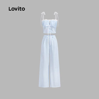 Lovito เสื้อหรือกางเกงแคชชวล คอ ฮัลเตอร์ ผูกเชือกด้านหน้า สีฟ้า สำหรับผู้หญิง เหมาะสำหรับฤดูใบไม้ผลิ/ฤดูร้อน เกาหลี อินเทรนด์ L173AD083