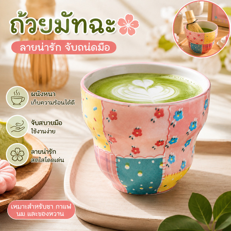 ถ้วยมัทฉะ ถ้วยกาแฟเซรามิกจับถนัดมือ เซรามิกเนื้อหนา ลายดอกไม้ตาราง สุดคิ้วท์ ชามขนมหวา นถ้วยกาแฟนม