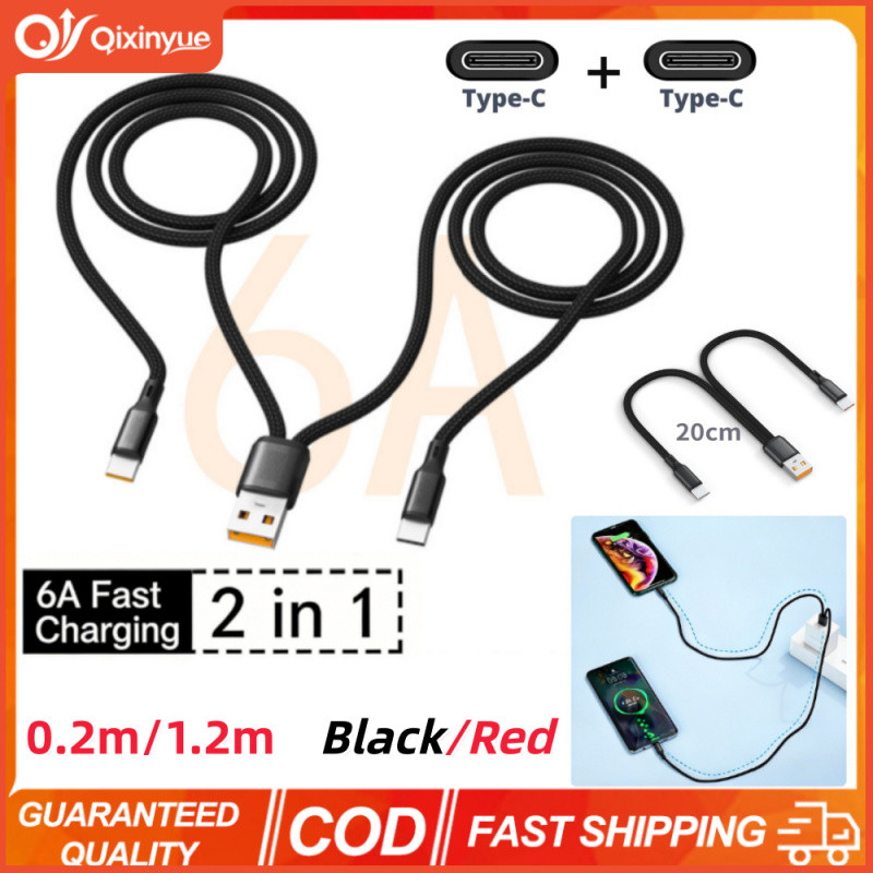 QXY2 In 1 USB Type C Splitter Y สายชาร์จ 6A ชาร์จเร็วสําหรับอุปกรณ์ Type C สายชาร์จ