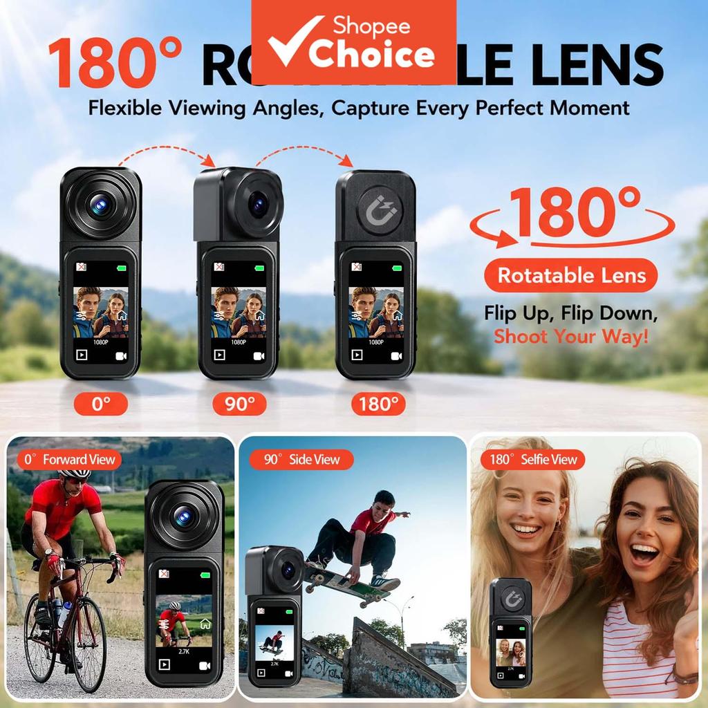 กล้องวิดีโอวิดีโอมินิพ็อกเก็ตกล้องแอ็คชั่นพร้อมวิดีโอ 2.7K 12MP Photo 180 เลนส์หมุนได้แม่เหล็กเชือกเ