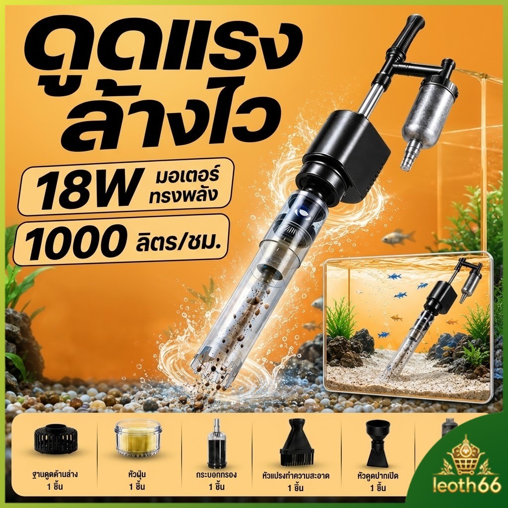 เครื่องเปลี่ยนน้ำตู้ปลาไฟฟ้า 18W 1000ล./ชม. แรงดูดเพิ่ม150% เปลี่ยนน้ำ+ล้างกรวด+ดูดตะกอน พร้อมหัวแปรง
