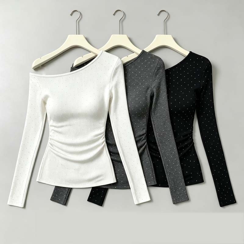 Lomo เสื้อยืด ไหล่เฉียง แขนยาว ดีไซน์อเมริกัน สำหรับผู้หญิง สินค้าใหม่ฤดูร้อน สาวฮอต เปิดไหล่ เสื้อสลิมฟิต สไตล์