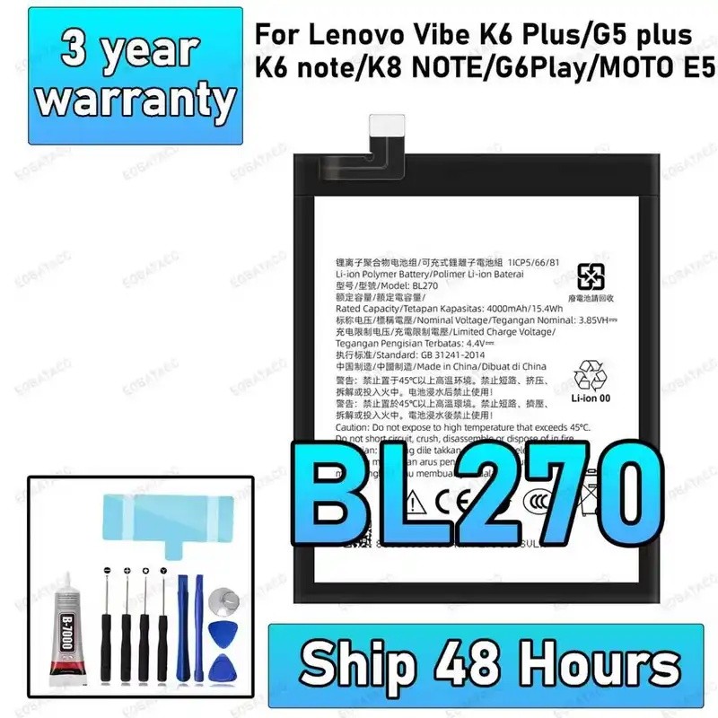 100% ใหม่ High Quanlity สําหรับ Lenovo K6 K8 หมายเหตุ K53a48 Vibe K6 G G5 Plus 4000mAh BL270 แบตเตอร