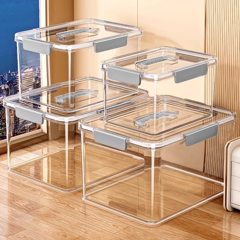 leerhome กล่องเก็บของใสพร้อมฝาปิด กล่องเก็บของ PET มีหูหิ้ว วางซ้อนได้ กันฝุ่น เก็บเสื้อผ้า ขนม ของใช้
