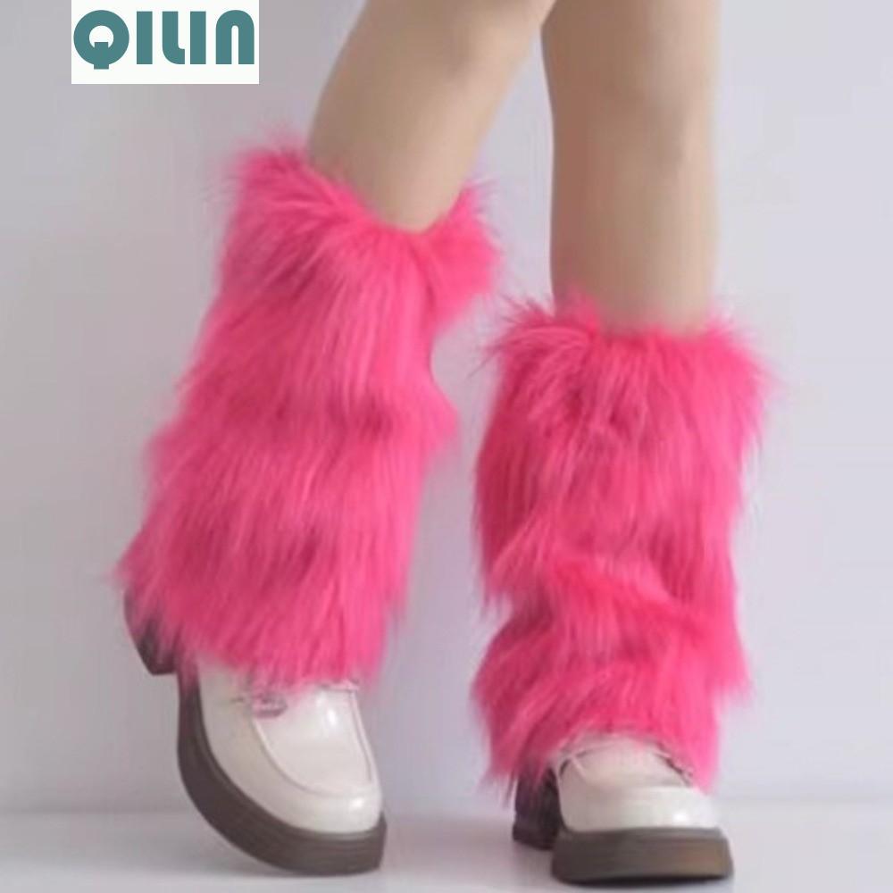 QILIN Furry ขาอุ่น, Faux Fur สไตล์ญี่ปุ่น Lolita รองเท้า,แฟชั่นสีทึบ Kawaii นุ่มยาวหลอดถุงเท้าคอสเพล