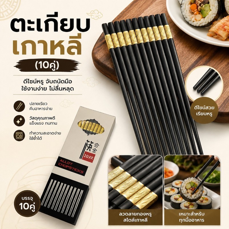 ตะเกียบเกาหลี (1แพ็ค10คู่) ตะเกียบเมลามีน ทนต่ออุณหภูมิสูง ไม่ลื่น #AQ-0045