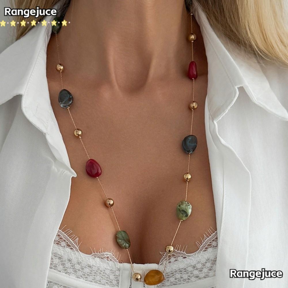 RANGEJUCE Boho ชั้นสร้อยคอ, Gradient Hue รอบลูกปัดเรซิ่นลูกปัดสร้อยคอ,แฟชั่นยาวหลายสี CCB ลูกปัดไล่โ