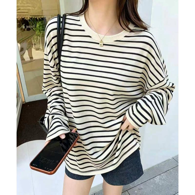 Bimi เสื้อยืดลายทางแขนยาว ผู้หญิง ทรงหลวม ใส่ลำลอง สไตล์เกาหลี