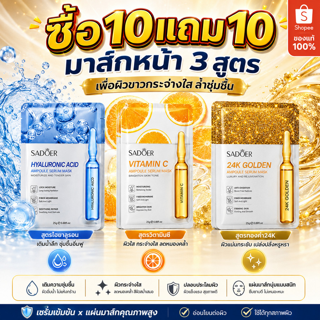 ซื้อ 10 แถม 10 ส่งจากไทย SADOER มาส์กบำรุงผิวแอมพูล มาส์กบำรุงผิว กระจ่างใสผิวหมองคล้ำ เติมความชุ่มชื้นอย่างล้ำลึก