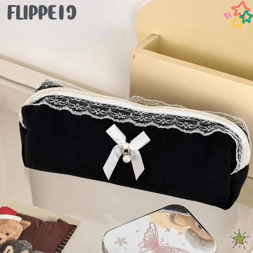 FLIPPE1J Pencil , Lace Black Pencilcase Bags, Ins Large Capacity Quilted Stationery Storage Bag กระเ