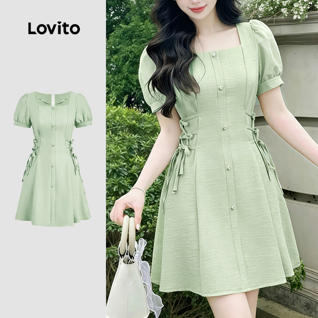 Lovito สง่างาม เดรสสีเขียวสําหรับผู้หญิง แบบซิปด้านหน้า ผูกเชือก สไตล์ฤดูใบไม้ผลิ/ฤดูร้อน L178LD2028