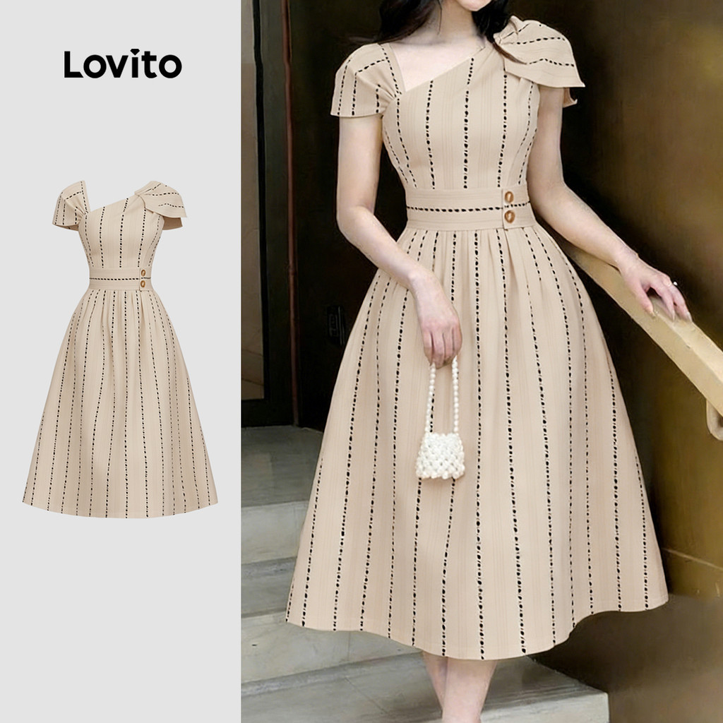 (สง่างาม) Lovito เดรสผู้หญิงฤดูใบไม้ผลิ/ฤดูร้อน แต่งกระดุมไม่สมมาตร จีบพลีท หรูหรา LK3ED896