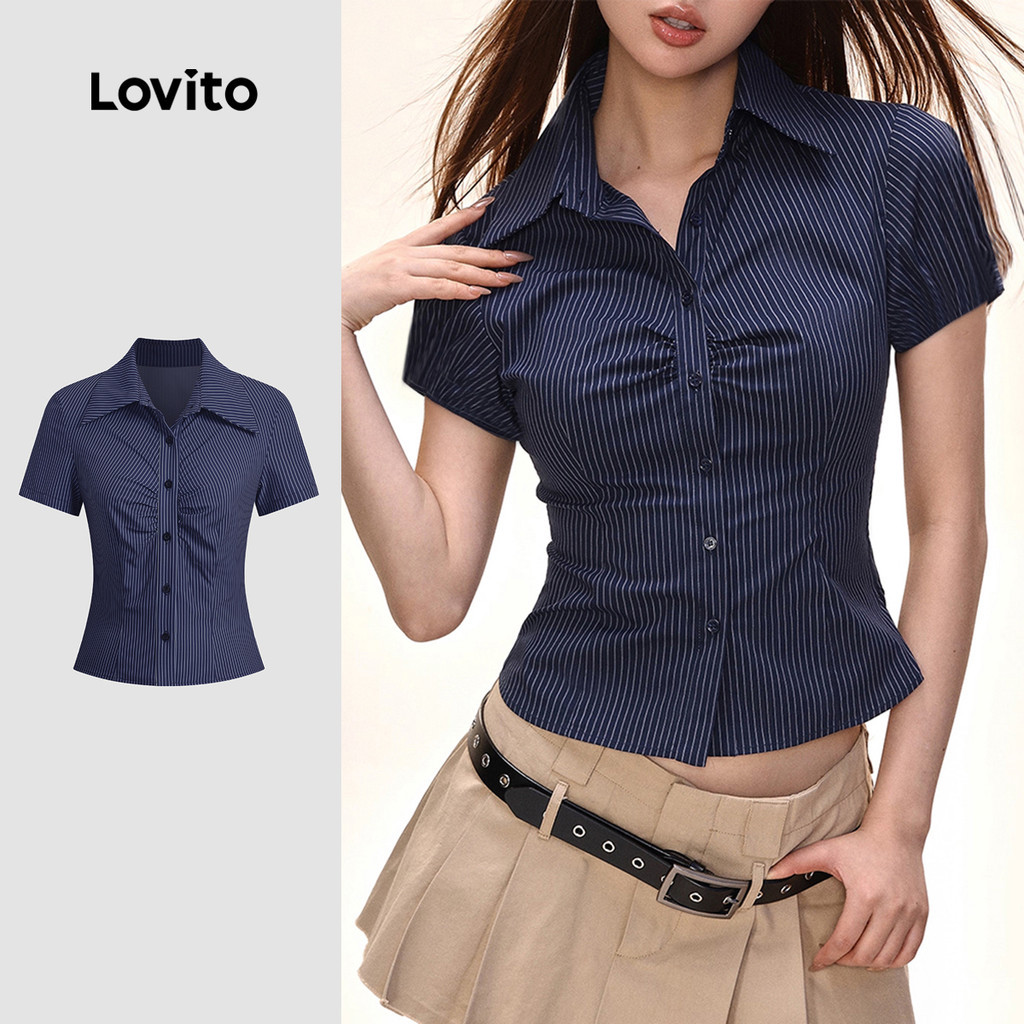 Lovito สง่างาม เสื้อเชิ้ตปุ่มด้านหน้า ผ้านุ่มมีเท็กซ์เจอร์ ช่วงSpring/Summer สีน้ำเงินเข้ม L154LD165