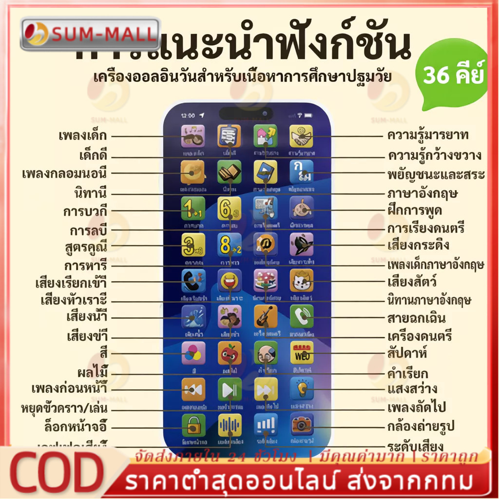 โทรศัพท์ของเล่นเด็ก 36 ปุ่ม เสริมสร้างพัฒนาการ เสียงและแสง เรียนรู้ผ่านการเล่น สำหรับเด็กอายุ 1-6 ปี
