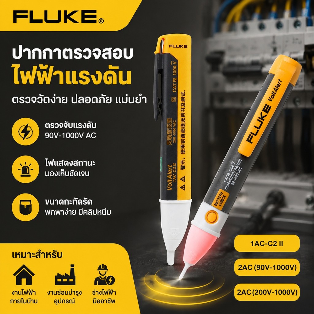 FLUKE VoltAlert AC ปากกาทดสอบเครื่องทดสอบแรงดันไฟฟ้าแบบไม่สัมผัส 1AC-C2 II 2AC 90V-1,000V SZIP