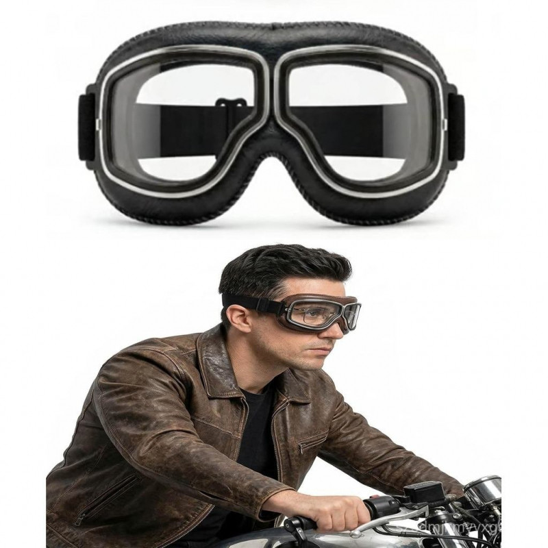 Vintage Motorcycle Goggles (Fits Over Glasses), Retro Aviator Biker Glasses Compatible, Anti-Fog Win