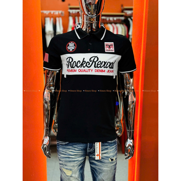 RR-P03 เสื้อโปโลร็อคผู้ชาย สีดํา ลายปักเต็มตัว ผ้าฝ้ายยืด 2 ทิศทาง แบบมาตรฐาน ViP