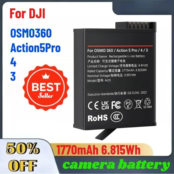 1770mAh 6.815Wh แบตเตอรี่กล้องดิจิตอลคุณภาพสูงสําหรับ DJI OSMO360/Action 5Pro/4/3 ในสต็อก
