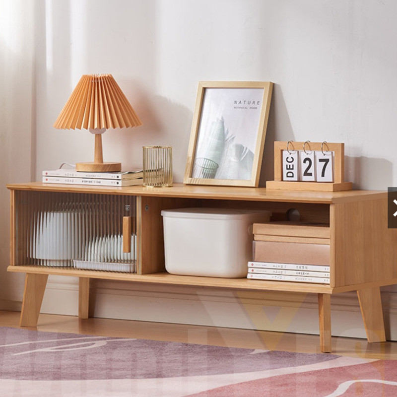Japanese TV Console Cabinet Bamboo Tv Console Sliding Door Simple Modern Living Room Log Color Glass