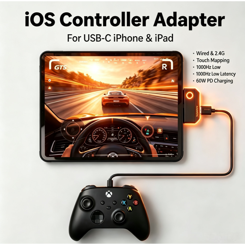 USB‐C iOS Game Controller Adapter สําหรับ iPhone iPad, 2.4G และตัวแปลงเกมแพดแบบมีสาย, Touch Mapping 