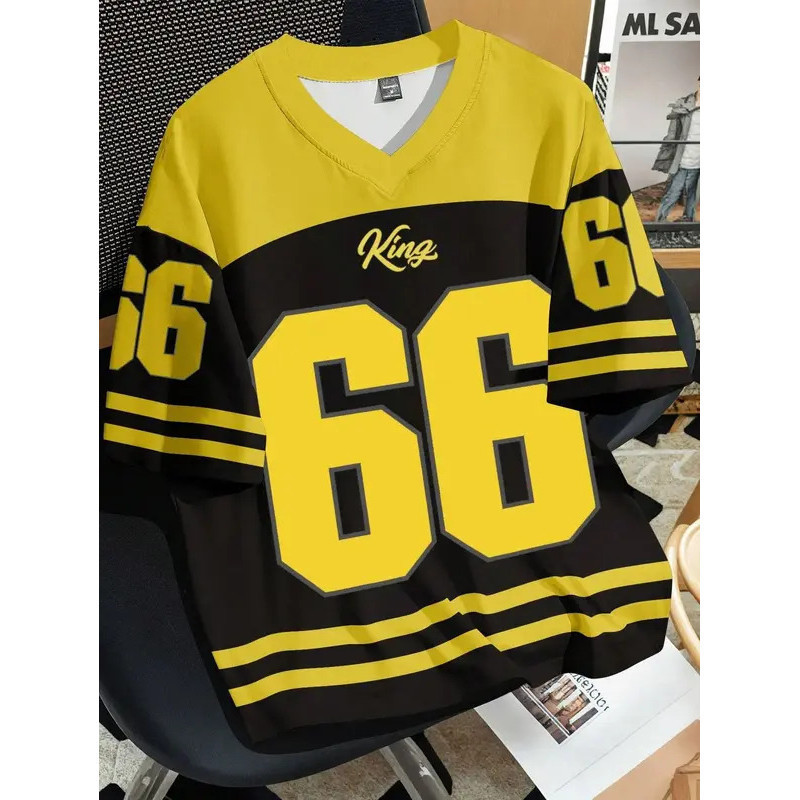 Top Selling Men 66 Letter King Print Short Sleeve Tee, Retro Cut Football Sports Casual T-Shirt
