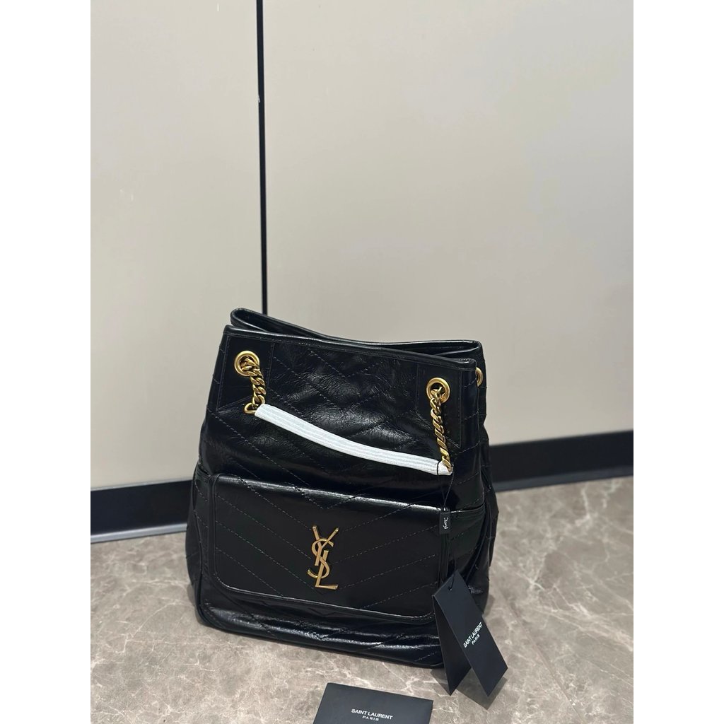 YSL สไตล์ใหม่น้ํามันขี้ผึ้งหนัง niki Bucket Chain ไหล่ Stray Back Crossbody ysl หญิง ysl niki ysl กร