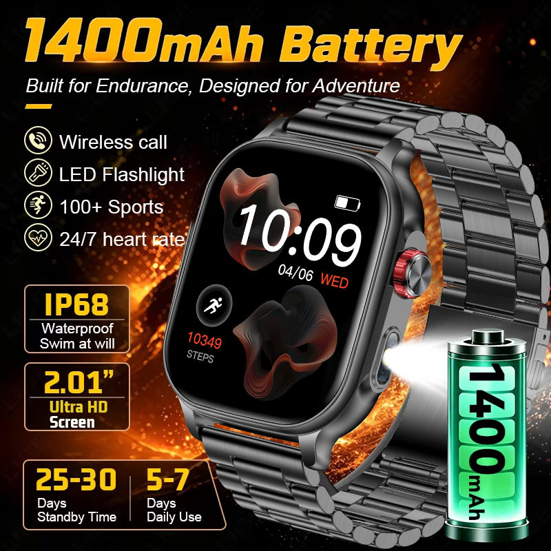 2026 ใหม่ 1400mAh กีฬาการตรวจสอบสุขภาพ Smartwatch ผู้ชาย IP68 กันน้ํากลางแจ้งไฟฉาย BT Call ผู้หญิง S