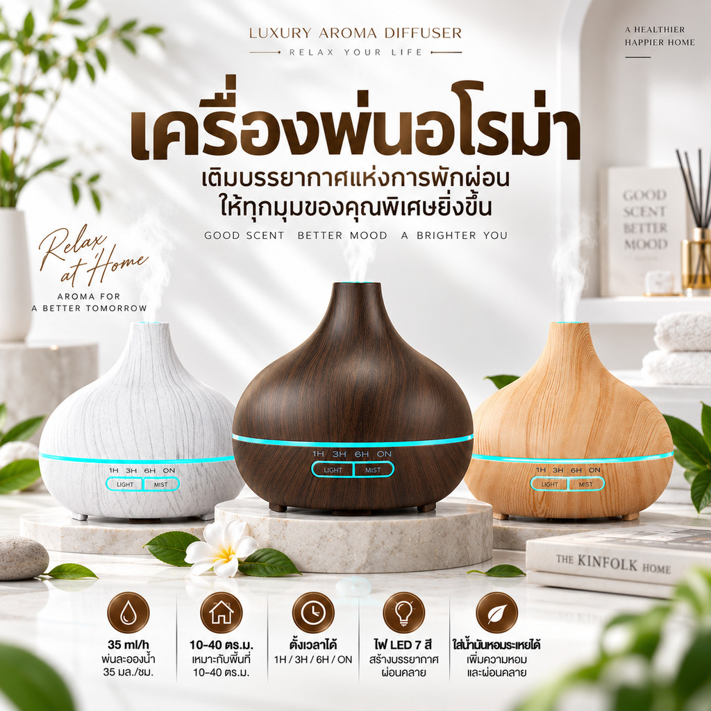 เครื่องพ่นไอน้ำอโรม่า ขนาดใหญ่จุ 500 ml. พ่นน้ำมันหอมระเหย Aroma Diffuser มีไฟ 7 สี LED