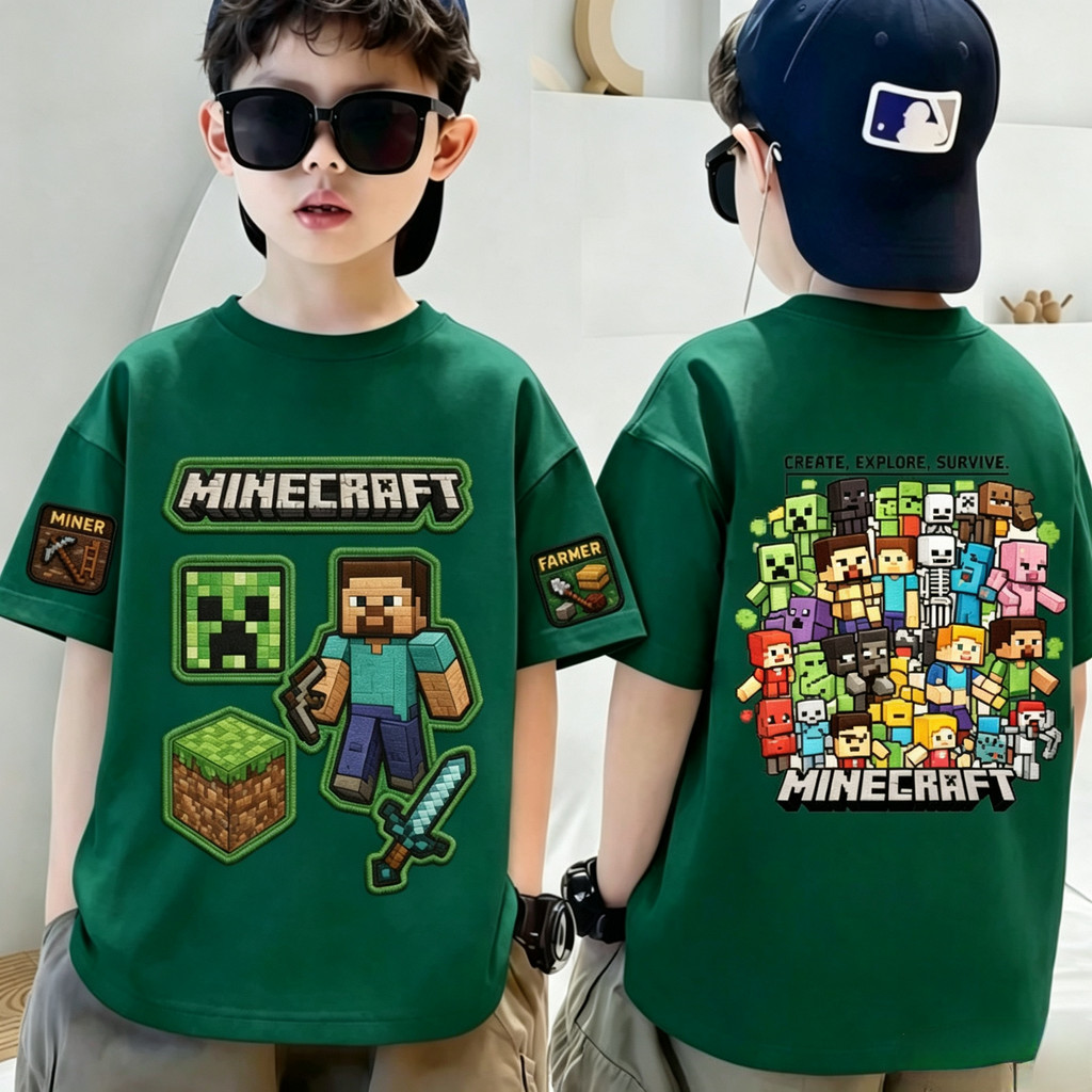 COD Minecraft Front Back Print Kids Boys T Shirt Green Cotton Short Sleeve Game Cartoon Tee 1-14Y