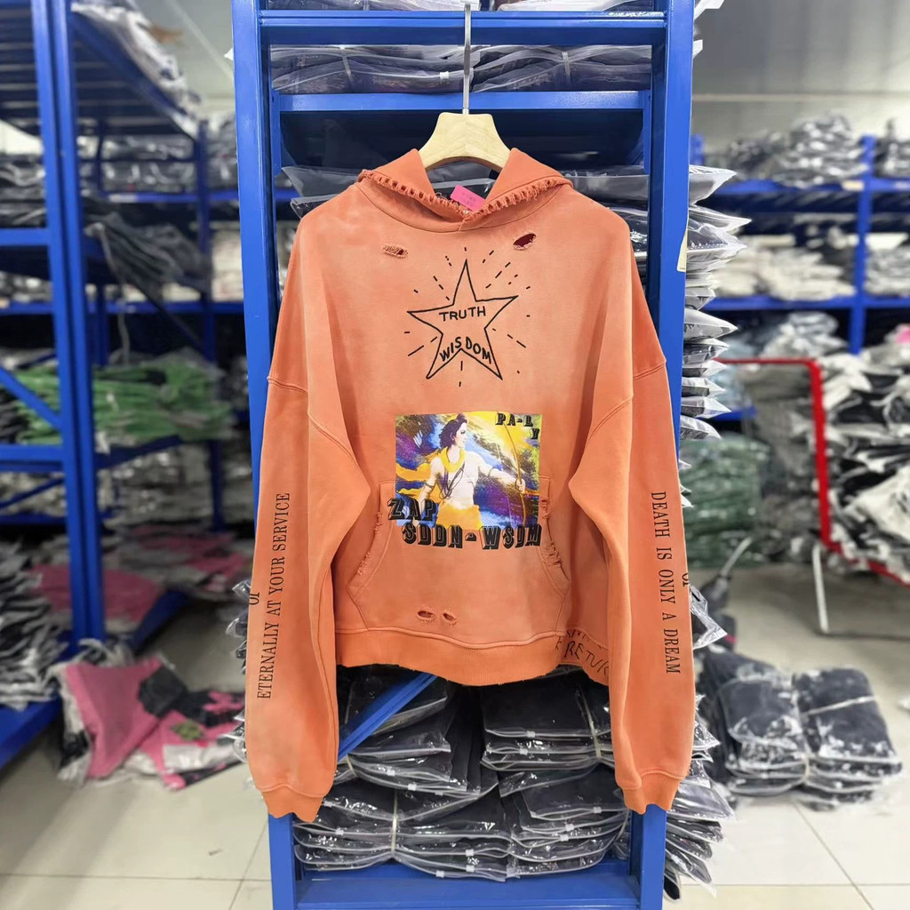 RWA6 PH ล้าง Distressed Hooded Sweatshirt ผู้ชายผู้หญิง Ripped พิมพ์หลวมสบายๆ Hoodie